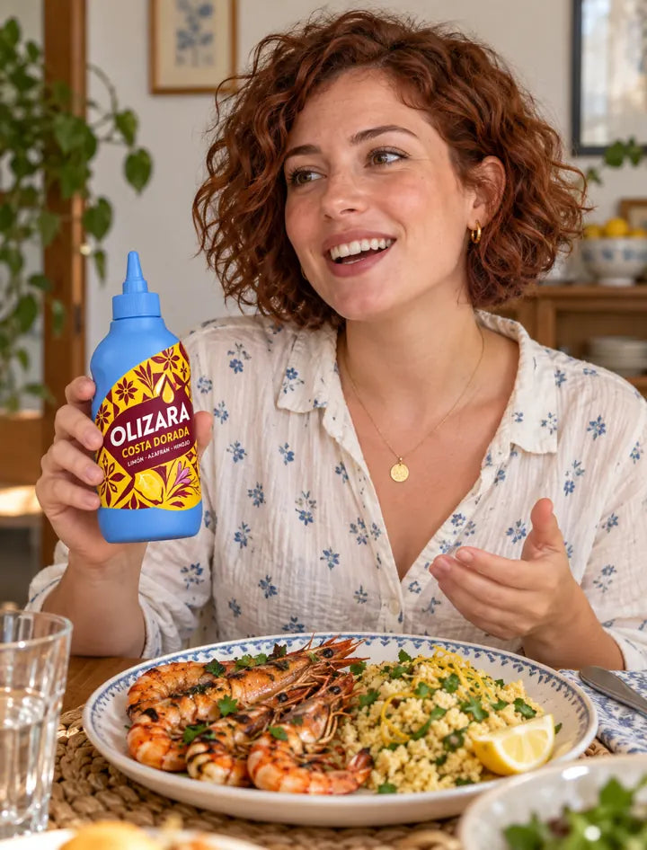 Escena creada con IA de un personaje con Costa Dorada y comida