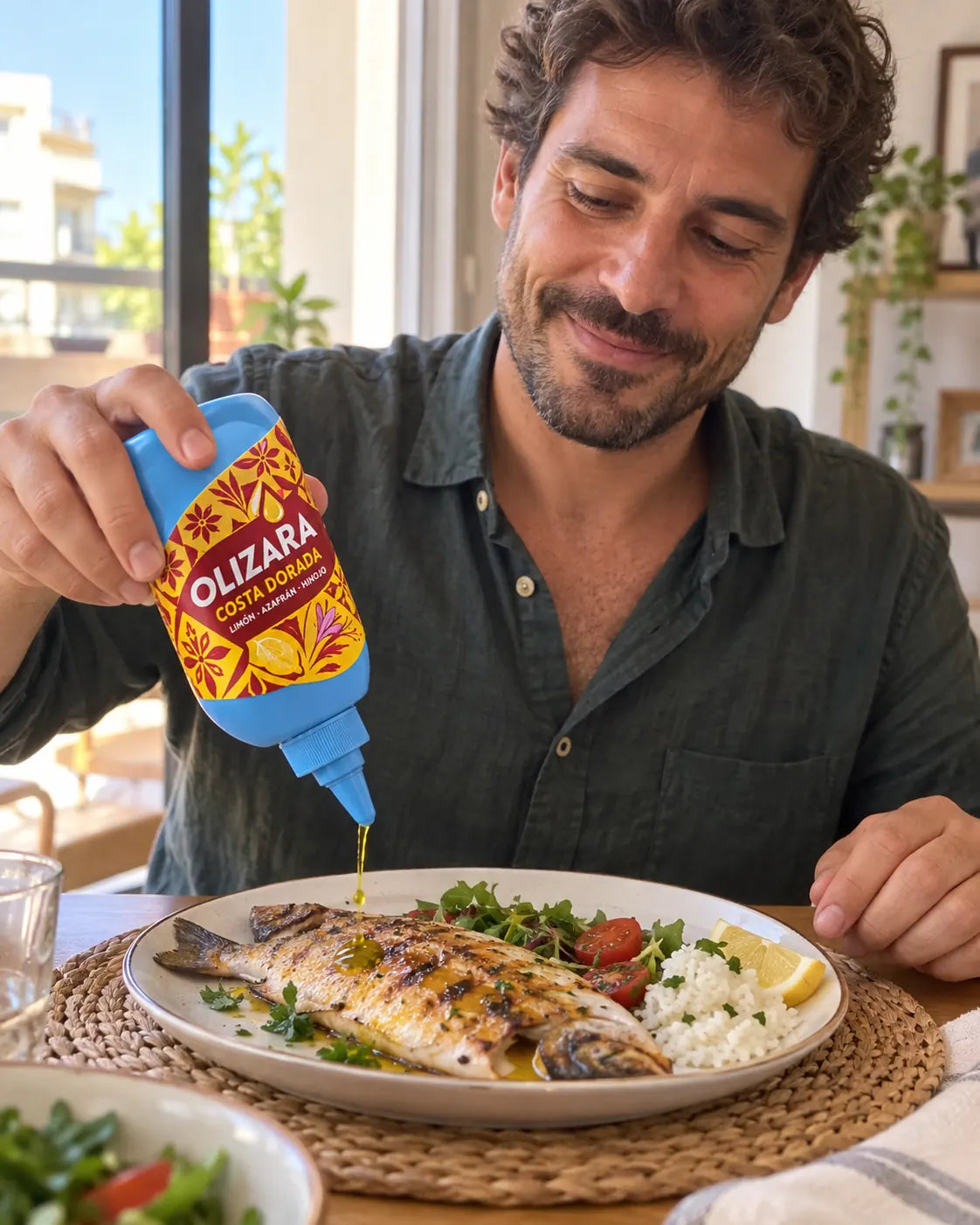 Escena promocional creada con IA, estilo foto de móvil, con Costa Dorada y comida