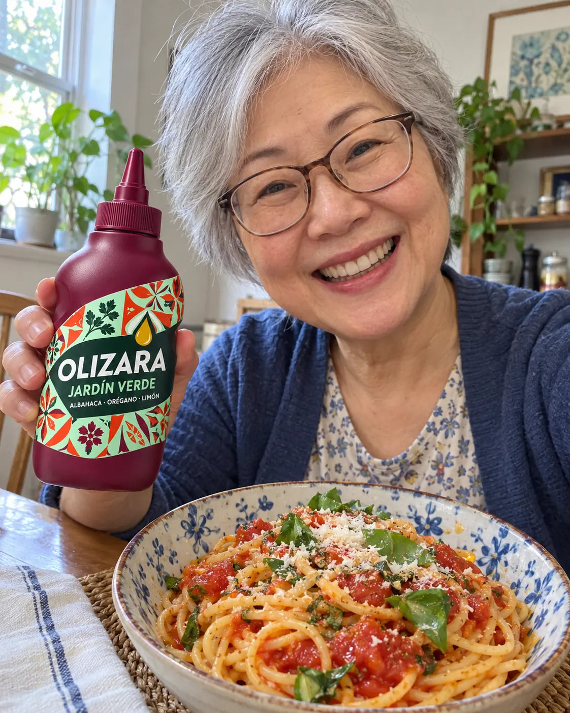 Escena promocional creada con IA, estilo foto de móvil, con Jardín Verde y comida